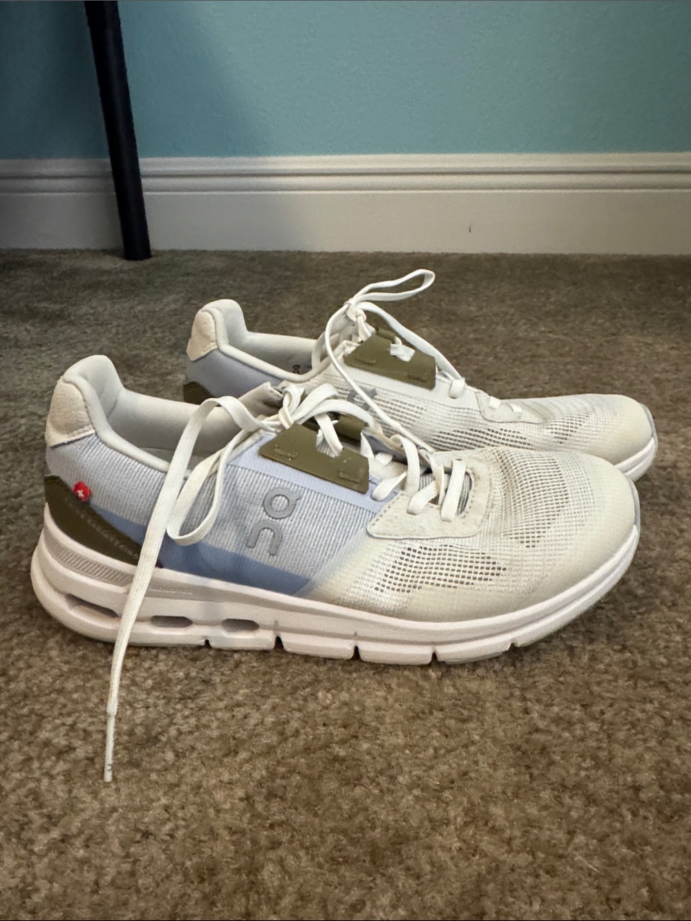 On Cloudswift Women's Athletic Shoes - White with Light Blue Accents